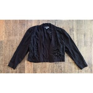 COVINGTON LACE FRONT CROPPED CARDIGAN SWEATER BLACK L LARGE FAST SHIP